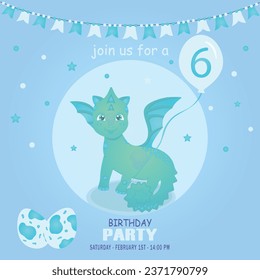 Cute baby boy dragon and dinosaur character, birthday invitation. 1 year. Vector illustration, eps 10