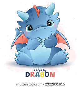 Cute Baby Boy Dragon With watercolor illustration