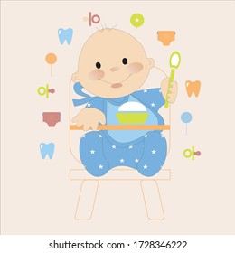 Cute baby boy eating vector character illustration