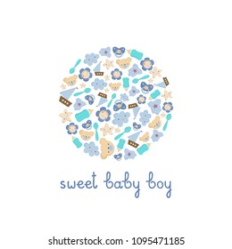 Cute Baby boy elements Vector greeting card with lettering Sweet baby boy