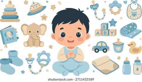 cute baby boy flat layout items baby accessories and toys - newborn