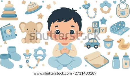 cute baby boy flat layout items baby accessories and toys - newborn