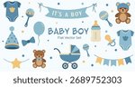 Cute baby boy flat vector set featuring teddy bears, baby bottles, pacifiers, balloons, and clothing. Perfect for baby shower invitations, birth announcements, and nursery decorations.