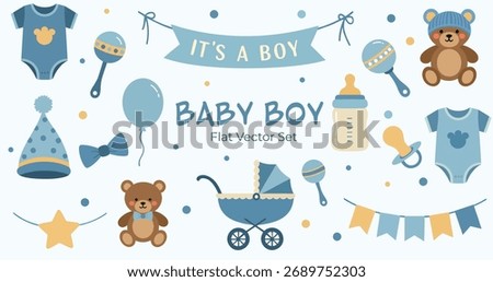 Cute baby boy flat vector set featuring teddy bears, baby bottles, pacifiers, balloons, and clothing. Perfect for baby shower invitations, birth announcements, and nursery decorations.