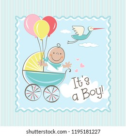 Cute baby boy flying with balloons  in the trolley cartoon character vector illustration. Can be used for baby shower invitation card.