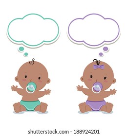 Cute baby boy and baby girl. Adorable babies with pacifiers and thinking bubbles.