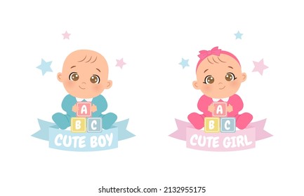 Cute baby boy and girl announcement template. Flat vector cartoon design