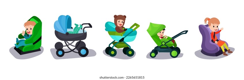 Cute Baby Boy and Girl in Carriage or Stroller Vector Set