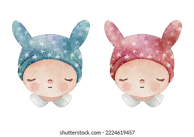 cute baby boy and baby girl character watercolor illustration with isolated background