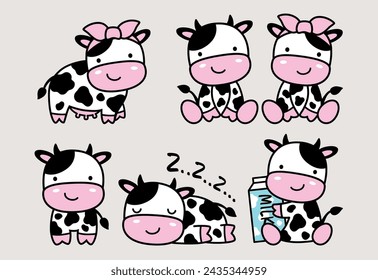 Cute baby boy and girl cow sitting, standing, and sleeping. Vector illustration of black and white cow cartoon.