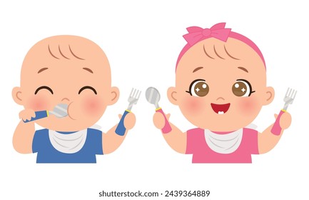 Cute baby boy and girl eat using spoon and fork