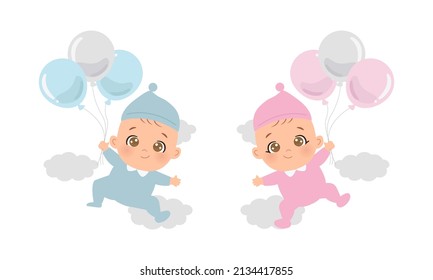 Cute baby boy and girl flying in the sky with balloon. Flat vector cartoon design