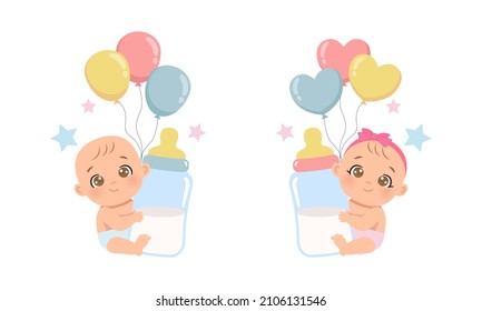 Cute baby boy and girl gender reveal with milk bottle and balloons. Flat vector cartoon design