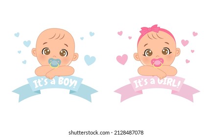 Cute baby boy and girl gender reveal label template. Flat vector cartoon design