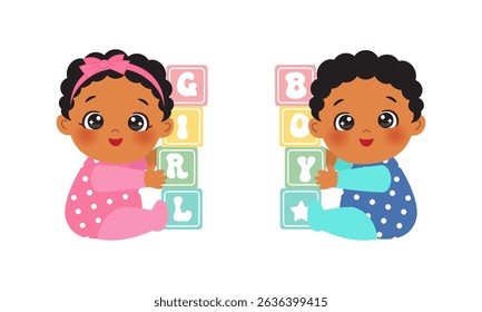 Cute baby boy and girl gender reveal with toy building blocks clipart