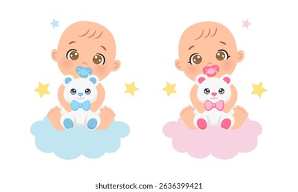 Cute baby boy and girl gender reveal with teddy bear clipart