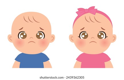 Cute baby boy and girl having sad expression