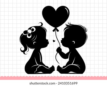 Cute baby boy and girl with heart shaped balloon. Vector illustration.