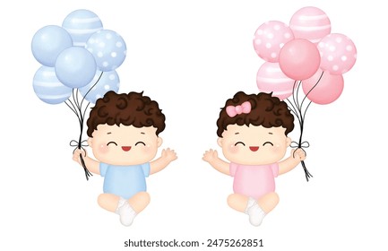 Lindo niño y niña sosteniendo globos estilo acuarela