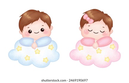 Cute baby boy and girl illustration sleeping on the cloud