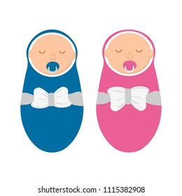 Cute baby boy and baby girl isolated on white background. Newborn in swaddle with pacifier in flat style. Vector illustration