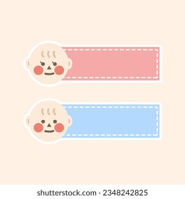 Cute baby boy and girl name tag. Blank pastel pink and blue kindergarten children label. Flat cartoon vector decorative design illustration isolated on background.  