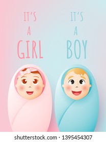 Cute baby boy and girl with pastel scheme and paper art background vector illustration