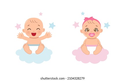 Cute Baby Boy And Girl Sitting On The Cloud. Flat Vector Cartoon Design