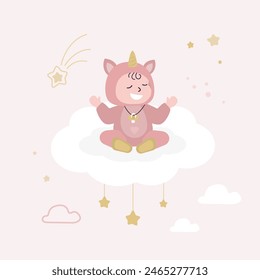 Cute baby boy or girl sitting on the cloud. Newborn baby clothing in unicorn pajamas. Happy infant getting ready to sleep or dreaming. Sweet dreams. Flat vector illustration