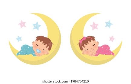 Cute baby boy and girl sleeping on crescent moon. Baby gender reveal illustration. Flat vector cartoon style
