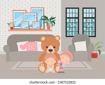 Cute baby boy girl and teddy bear design, Child newborn childhood kid innocence and little theme Vector illustration