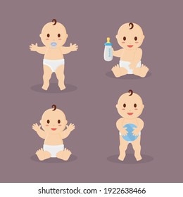 Cute Baby Boy Or Girl In Various Poses Standing And Sitting Isolated Vector Illustration