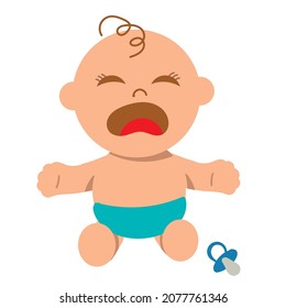 Cute baby boy in green diaper sitting and crying