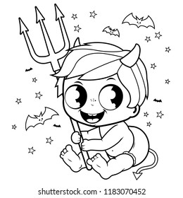 Cute baby boy in Halloween devil costume. Vector black and white coloring page.