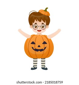 Cute Baby Boy In Halloween Pumpkin Costume. Little Cartoon Kid Dressed As A Pumpkin.