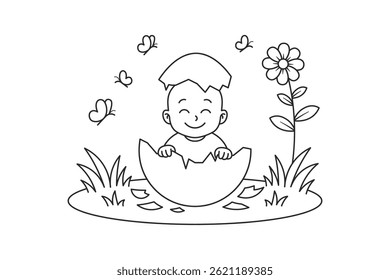 Cute Baby Boy Hatching from Eggshell – Coloring Page Vector
