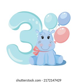 Cute baby boy hippo. Birthday invitation. Three years, three months. Happy birthday.	