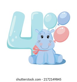 Cute baby boy hippo. Birthday invitation. Four years, four months. Happy birthday.	