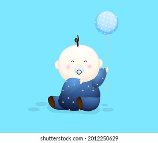 Cute baby boy holding a balloon cartoon character. Baby concept illustration Premium Vector