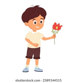 Cute baby boy holding red flower Happy child presenting poppy flower Cartoon character design for Mother's Day or Women's day greeting card, flyers, invitation Flat vector illustration isolated