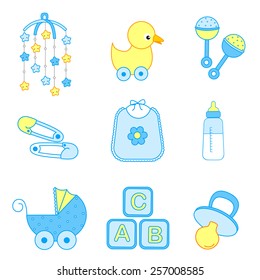 Cute baby boy icon / accessories collection including bib, carriage, safety pins, pacifier, feeding bottle, mobile, duck isolated on white background.