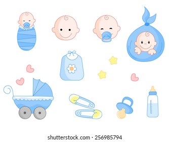 Cute baby boy icon collection including baby face, bib, carriage, safety pins, pacifier, feeding bottle isolated on white background.