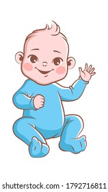 Cute baby boy. Infant blond smiling toddler in blue clothes sitting and waving his hand. Happy newborn child vector illustration isolated on white background