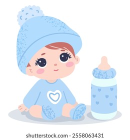 Cute baby boy in knitted hat and socks. Bottle with milk. Child isolated on white background.