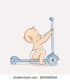 Cute Baby Boy Learning To Ride a 3 Wheel Scooter. Cartoon vector illustration