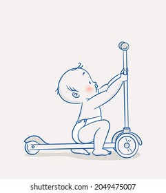 Cute Baby Boy Learning To Ride a 3 Wheel Scooter. Cartoon vector illustration