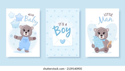 Cute Baby Boy Little Bear On Blue Background With Stars And Hearts. Hello Baby, It's A Boy, Little Man. Greeting Cards For Baby Shower Party Set. 