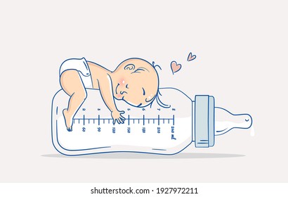Cute baby boy lying on huge bottle of milk. Cartoon vector illustration
