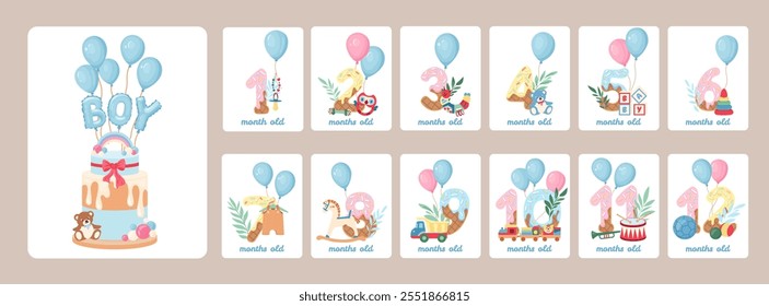 Tarjetas lindas del hito del bebé del muchacho con los números, los globos y los juguetes del bebé que celebran los primeros 12 meses. Diseños tiernos para recién nacidos para capturar cada momento especial Perfecto para Anuncios de celebración de Vector.