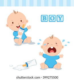 Cute baby boy with milk bottle. Vector illustration of a baby boy holding milk bottle and crying with bottle milk.